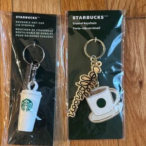 Starbucks White Cup and Coffee Mug Enamel Keychain Set with Gold Accents